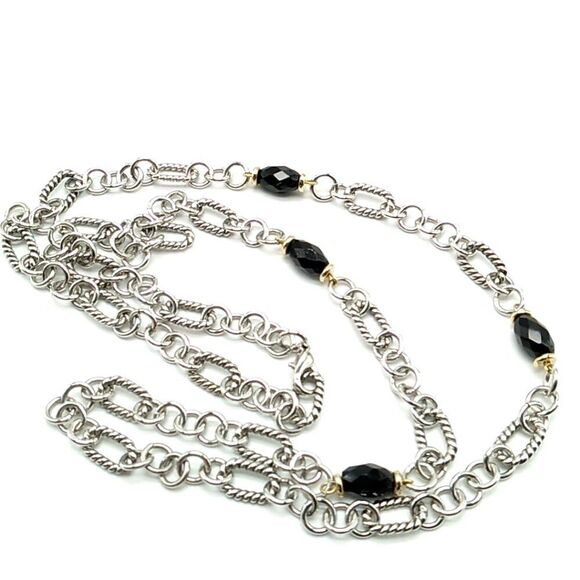 Black Acrylic Faceted Beaded Silver-tone Figaro Chain Necklace - Picture 2 of 15
